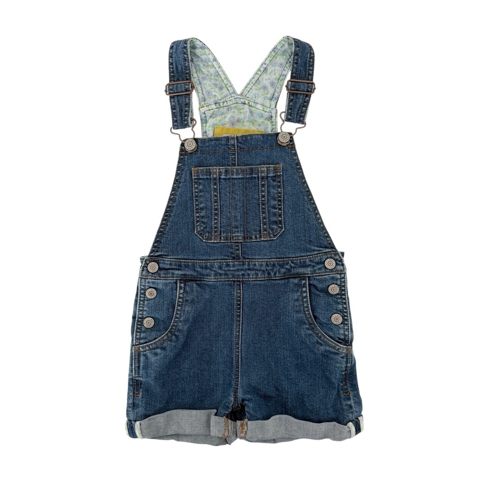 Mini Girls Boden Blue‎ Denim Floral-Lined Shortall Overall Jean Shorts (4-5Y)